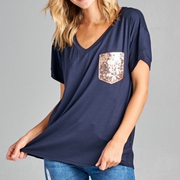 Tops - Navy Top with Gold Sequin Pocket